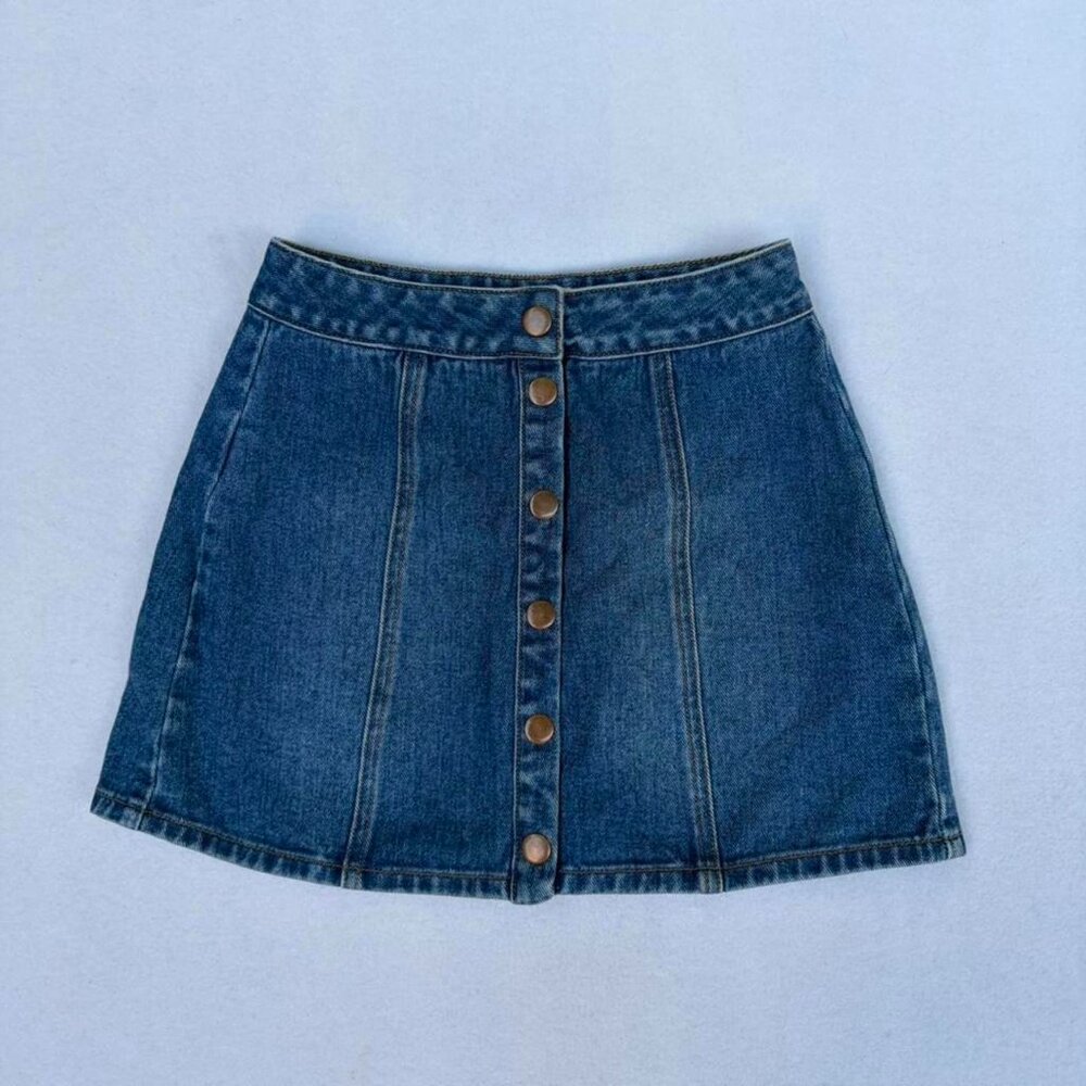 Bullhead Denim Blue Jean Dark Wash Button Front A-Line Mini Skirt Sz 25 XXS Fall